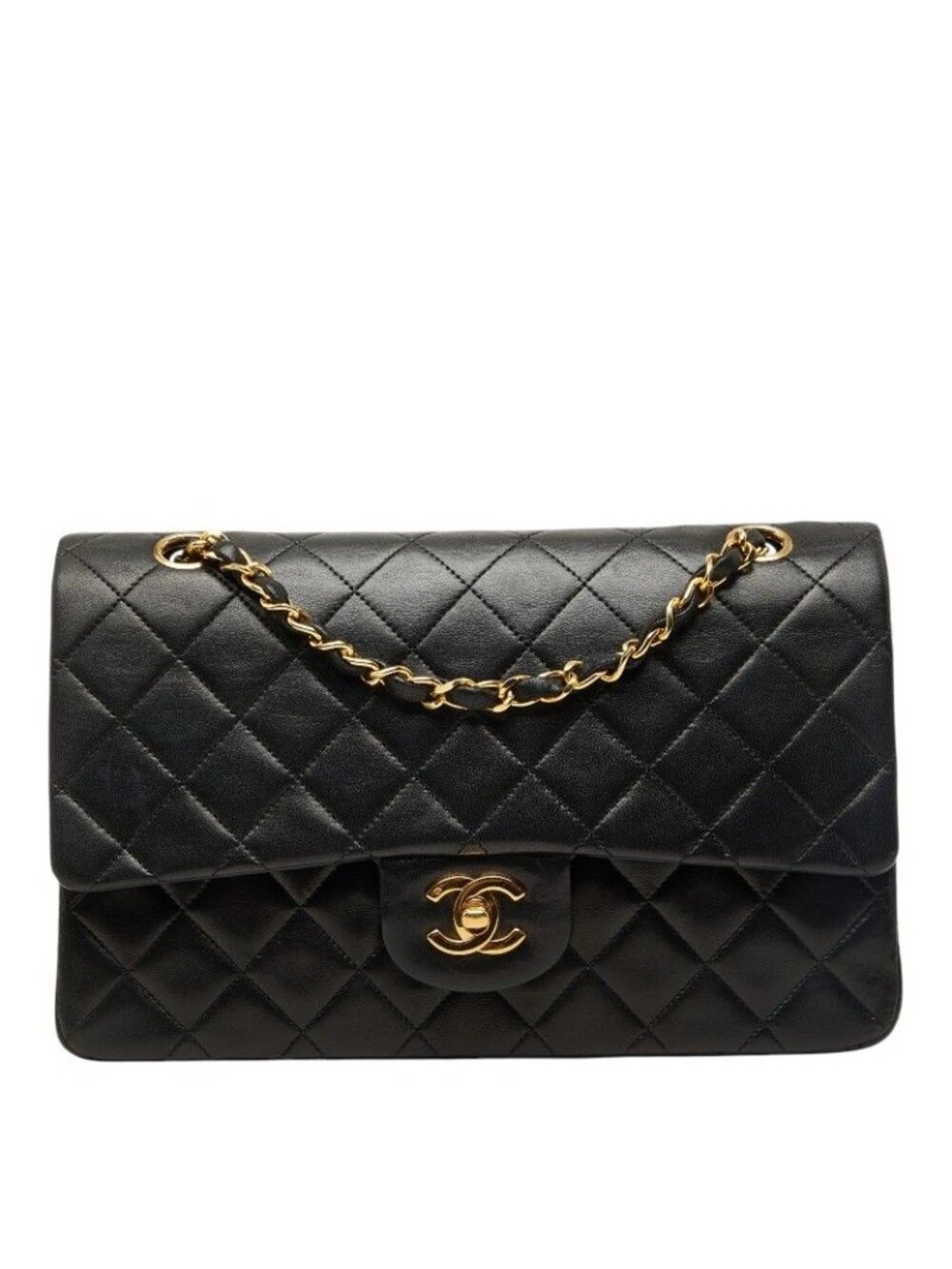 Chanel Quilted 25 CC Logo Double Flap Chain Shoulder Bag Black Gold Lambskin